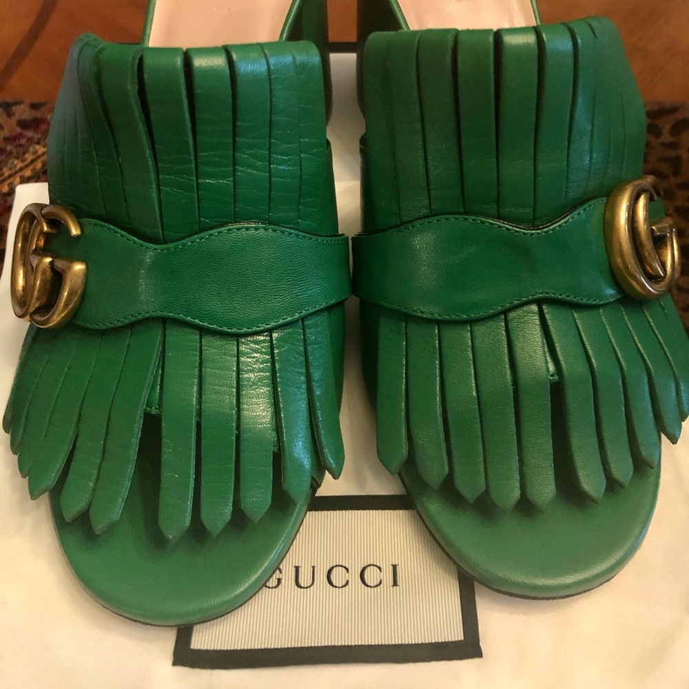 Gucci Green Marmont Gg Fringe          Double G Leather Sandals Mules/Slides
